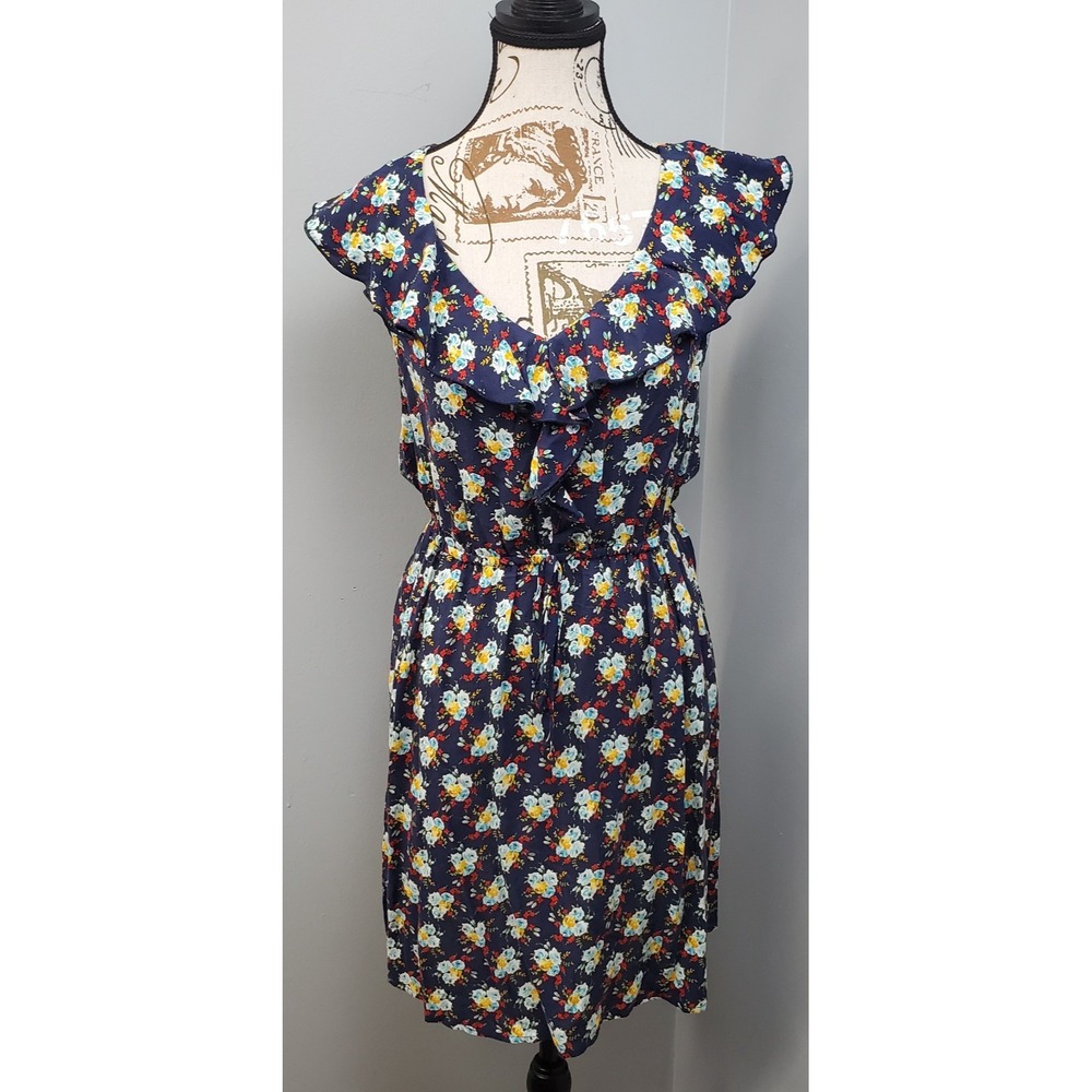 BeBop Mini Dress Womens Small Multi Floral Ruffle Cap Sleeve Drawstring Waist
